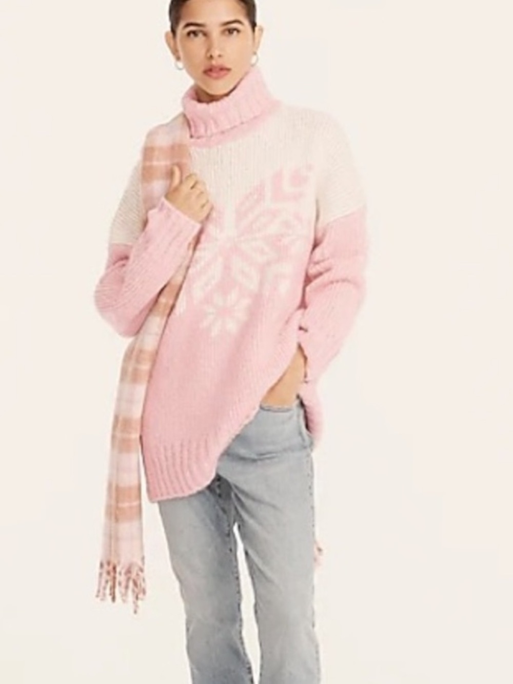 J. Crew Pink and White Snowflake Turtleneck Alpaca Blend Tunic Sweater Size M
